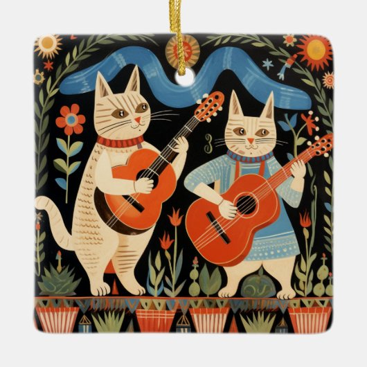 Musikalische Katzen Volkskunst Keramikornament (Vorderseite)