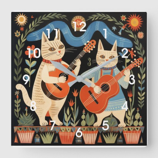 Musikalische Katzen Volkskunst Quadratische Wanduhr (Vorderseite)