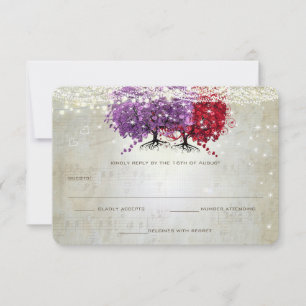 Musikalische Lila Red Heart Leaf Tree Wedding RSVP Karte