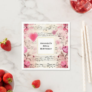 Musikalische Noten und Rosen Vintage-Design Geburt Serviette