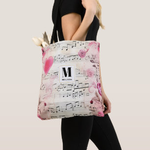 Musikalische Noten und Rosen Vintage-Design Monogr Tasche