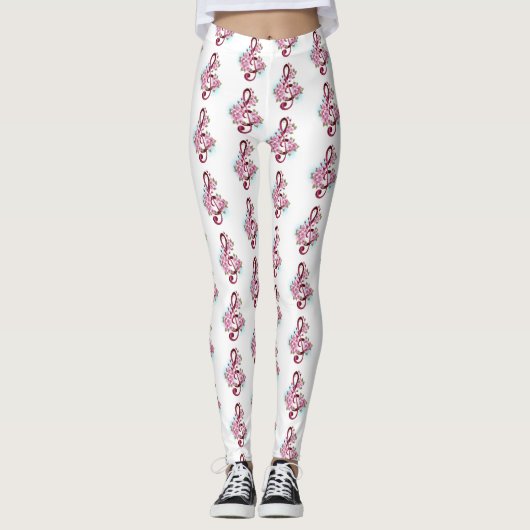 Musikalische Tischtennisnotizen mit Sakura-Blume Leggings (Vorderseite)