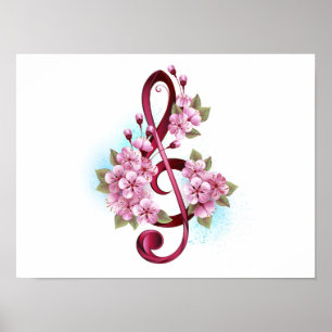 Musikalische Tischtennisnotizen mit Sakura-Blume Poster