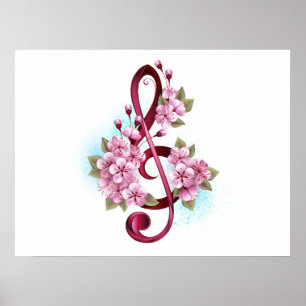 Musikalische Tischtennisnotizen mit Sakura-Blume Poster