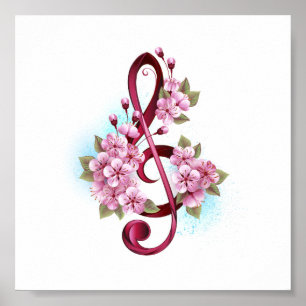 Musikalische Tischtennisnotizen mit Sakura-Blume Poster