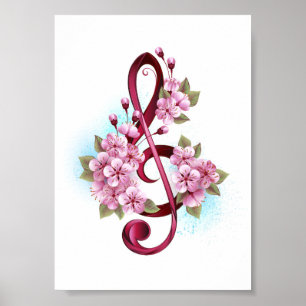 Musikalische Tischtennisnotizen mit Sakura-Blume Poster