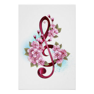 Musikalische Tischtennisnotizen mit Sakura-Blume Poster