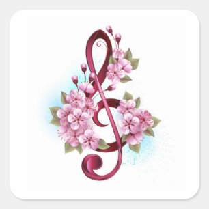 Musikalische Tischtennisnotizen mit Sakura-Blume Quadratischer Aufkleber