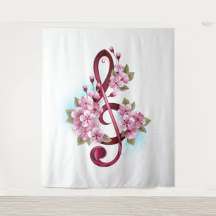 Musikalische Tischtennisnotizen mit Sakura-Blume Wandteppich
