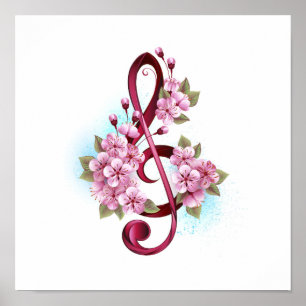 Musikalische Violinschlüssel-Noten mit Sakura-Blüt Poster