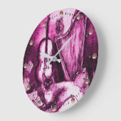 MUSIKALISCHER CAT MIT EULEN-VIOLINE UND HARFE rosa Große Wanduhr (Winkel)