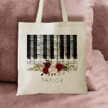 musikalischer Piano-Bordeaux-Blumenname Tragetasche<br><div class="desc">Musikpiano personalisierter Name Tasche</div>