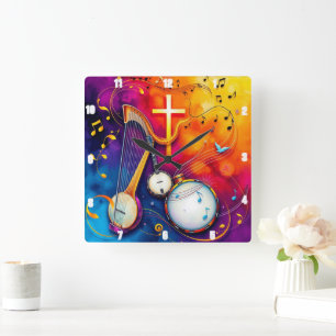 Musikalisches Cross Colorful Abstrakt Harp Banjo D Quadratische Wanduhr