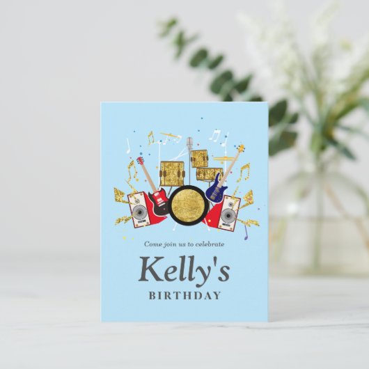 musikalisches Party Gitarre Drum Set musikalisch Einladungspostkarte (Stehend Vorderseite)