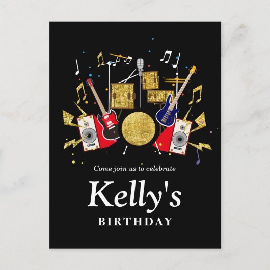 musikalisches Party Gitarre Drum Set musikalisch Einladungspostkarte (Vorderseite)