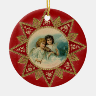 MUSIKANGELN IN WEISS UND ROT KERAMIKORNAMENT