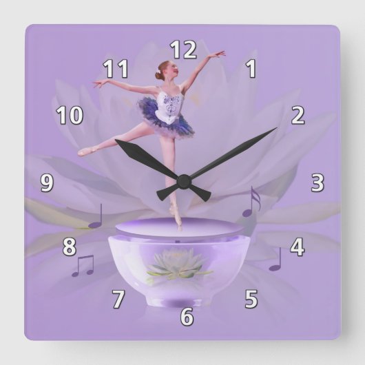 Musikbox Ballerina mit Wasserlilie Quadratische Wanduhr (Vorderseite)