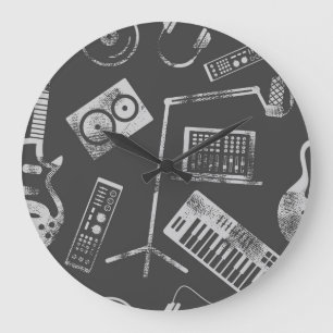 Musikelemente: nahtloser Vintage-Hintergrund. Große Wanduhr