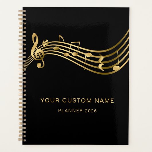 Musiker Gold Musical Notes Elegant Custom Yearly Planer (Vorderseite)