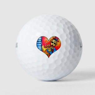Musiker mit rotem Hintergrund und blauem Klavier Golfball