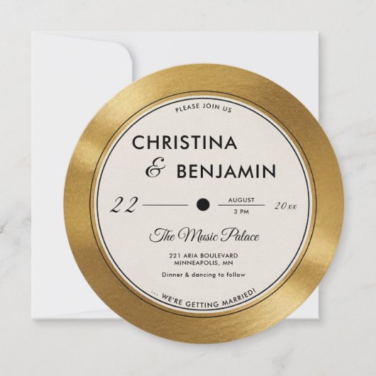Musiker Modernes Vintag Record Gold Vinyl Wedding Einladung (Vorderseite)