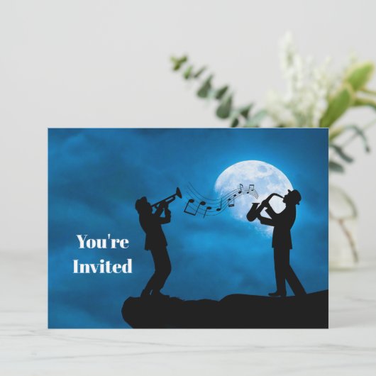 Musiker Vollmond Silhouette Geburtstag Einladung (Stehend Vorderseite)
