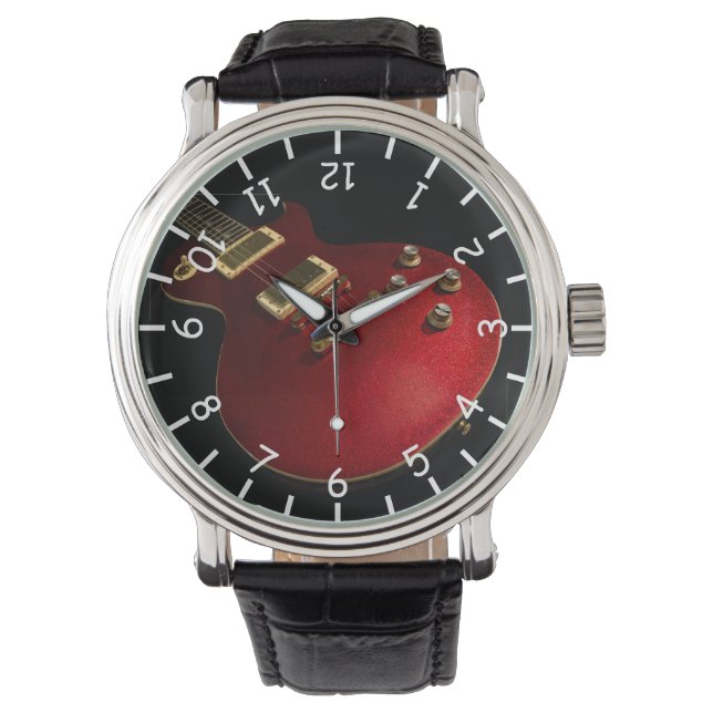 Musikerin Cool Red Sparkle Electric Rock Guitar Armbanduhr (Vorderseite)