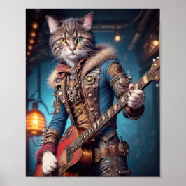 Musikerin Katze in blu steampunk Kleid spielt Gita Poster