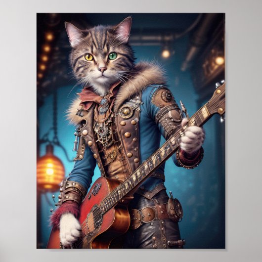Musikerin Katze in blu steampunk Kleid spielt Gita Poster (Vorne)