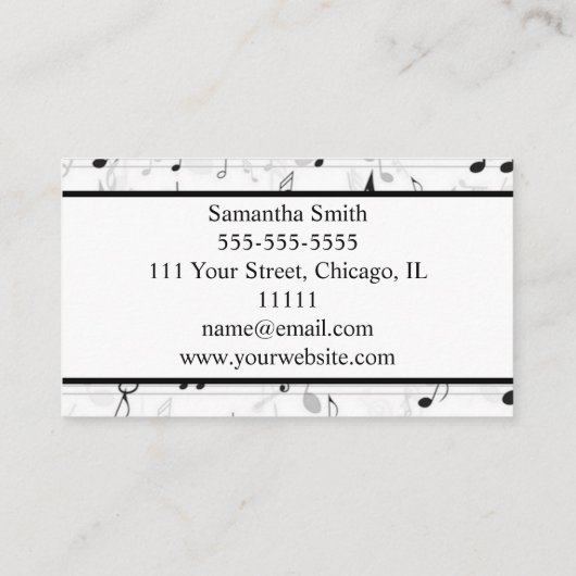 Musikerlehrer in Schwarzweiß-Musiknote Visitenkarte (Rückseite)