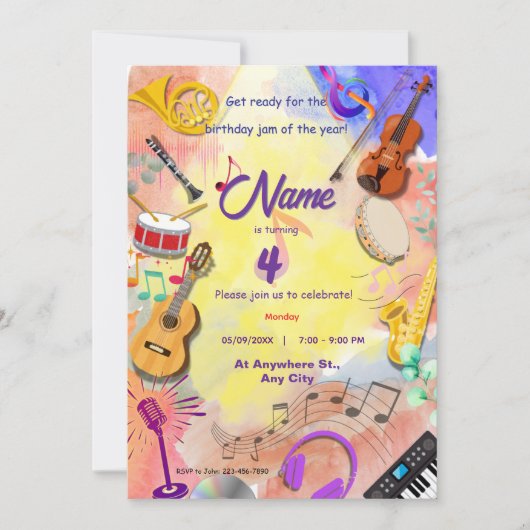 Musikinstrumente Thema Kinder B'day Einladung (Vorderseite)