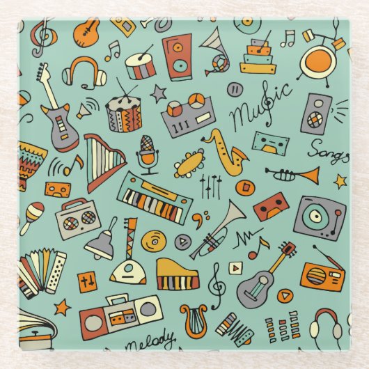 Musikinstrumente, Vintages Skizzenmuster. Glasuntersetzer (Vorderseite)