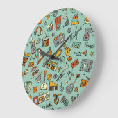 Musikinstrumente, Vintages Skizzenmuster. Große Wanduhr (Winkel)