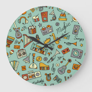 Musikinstrumente, Vintages Skizzenmuster. Große Wanduhr