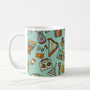Musikinstrumente, Vintages Skizzenmuster. Kaffeetasse
