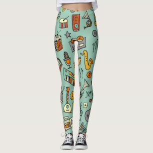 Musikinstrumente, Vintages Skizzenmuster. Leggings