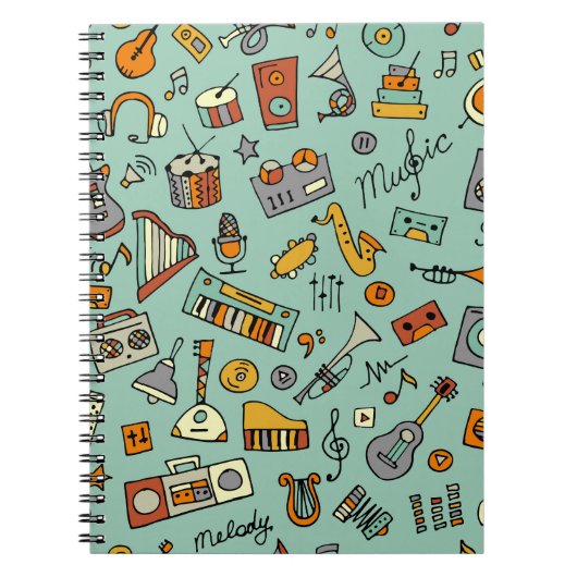 Musikinstrumente, Vintages Skizzenmuster. Notizblock (Vorderseite)