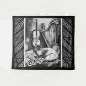 MUSIKKATZE, EIGENSCHAFT, VIOLIN UND HARP Schwarz-w Wandteppich (Vorderseite (Horizontal))