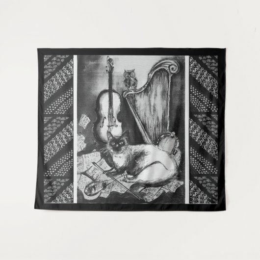 MUSIKKATZE, EIGENSCHAFT, VIOLIN UND HARP Schwarz-w Wandteppich (Vorderseite (Horizontal))