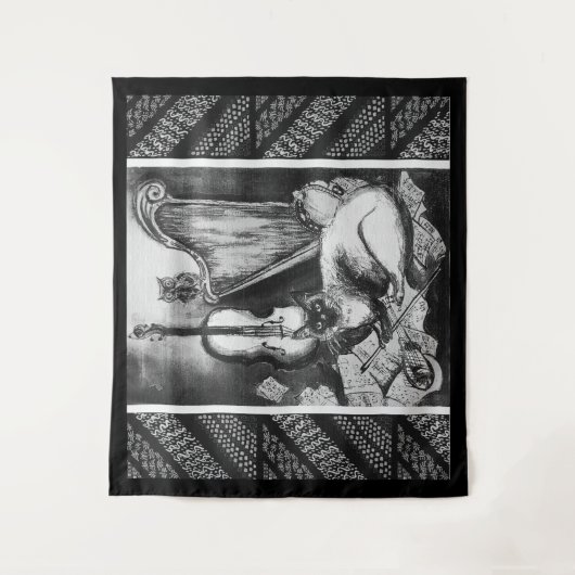 MUSIKKATZE, EIGENSCHAFT, VIOLIN UND HARP Schwarz-w Wandteppich (Vorderseite)