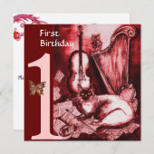 MUSIKKATZE Geburtstagsparty, rot und weiß Einladung (Vorne/Hinten)