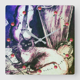 MUSIKKATZE MIT EIGENER VIOLIN UND HARP QUADRATISCHE WANDUHR