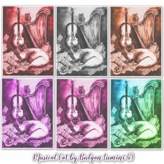 MUSIKKATZE, OWL, VIOLIN, HARP Monochrome Musik Aufkleber (Vorderseite)