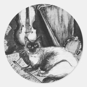 MUSIKKATZE, OWL, VIOLIN, HARP Schwarz-weiße Graum Runder Aufkleber