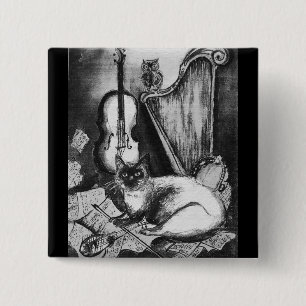 MUSIKKATZE, OWL, VIOLIN, HARP Schwarz-weiße Graumu Button