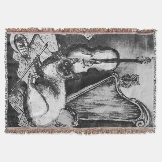 MUSIKKATZE, OWL, VIOLIN, HARP Schwarz-weiße Graumu Decke (Vorderseite)