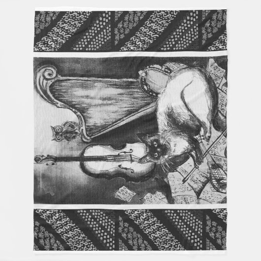 MUSIKKATZE, OWL, VIOLIN, HARP Schwarz-weiße Graumu Fleecedecke (Vorderseite)