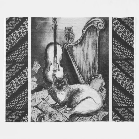 MUSIKKATZE, OWL, VIOLIN, HARP Schwarz-weiße Graumu Fleecedecke (Vorderseite (Horizontal))