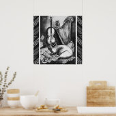 MUSIKKATZE, OWL, VIOLIN, HARP Schwarz-weiße Graumu Poster (Küche)