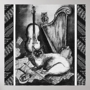 MUSIKKATZE, OWL, VIOLIN, HARP Schwarz-weiße Graumu Poster